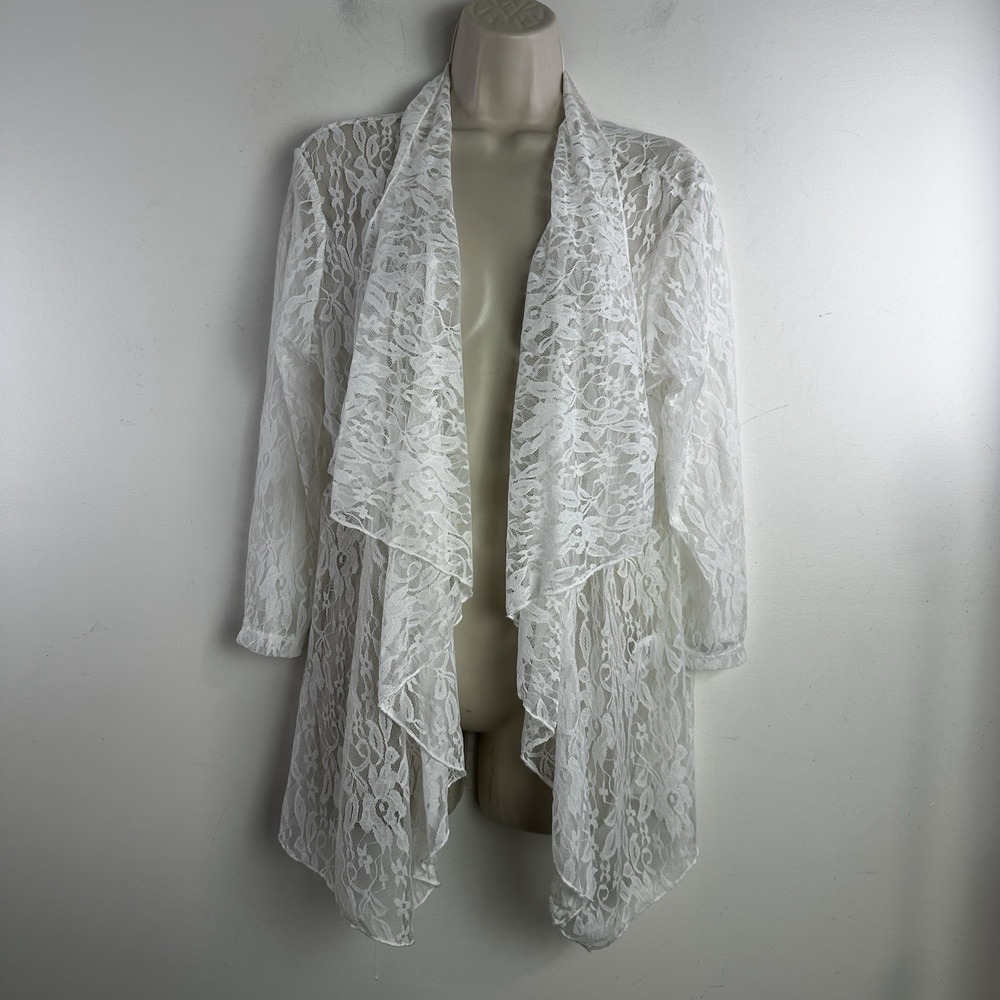 Slinky Brand Womens L White Floral Lace Open Front Long Sleeves Cardigan Top